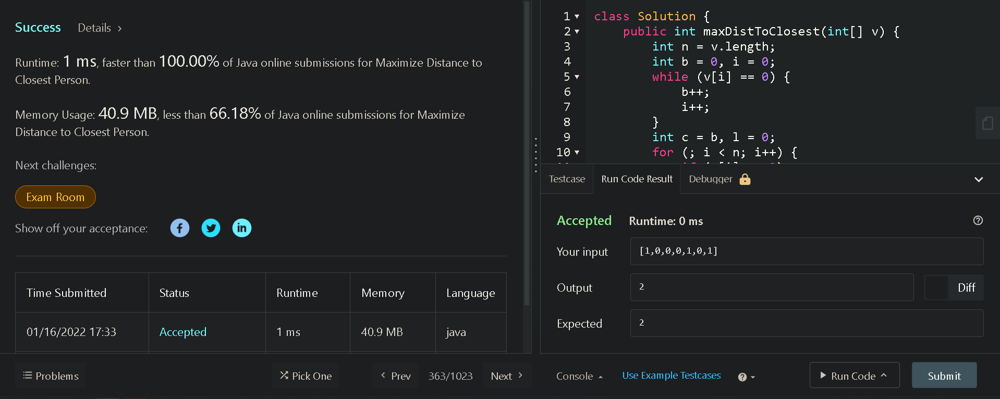 c-java-solution-100-faster-maximize-distance-to-closest-person-o-n