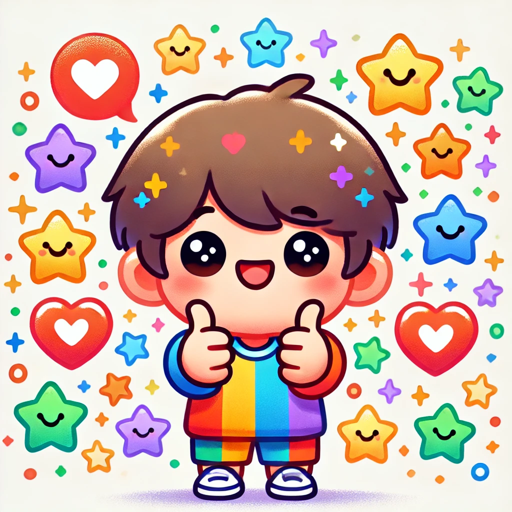 DALL\xB7E 2024-11-30 07.03.29 - A cute animated character giving an upvote gesture with a big smile, surrounded by small colorful stars and hearts. The character is small and round, .webp