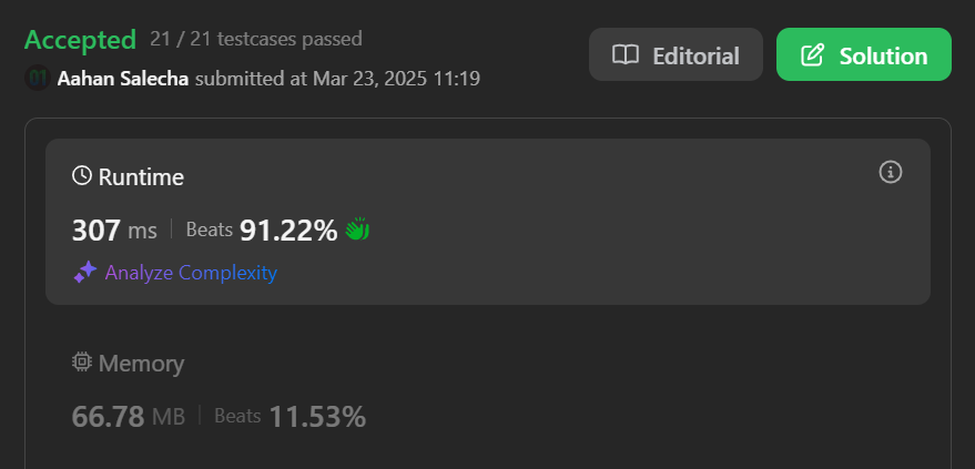 307ms | Beats 91.22% ; 66.78MB Beats 11.53%