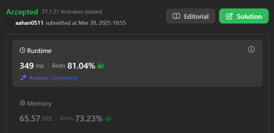 349ms | Beats 81.04% ; 65.57MB Beats 73.23%